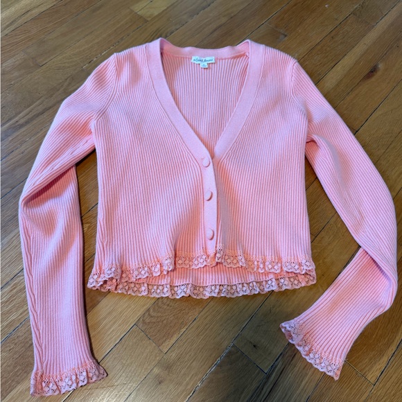 For Love And Lemons Sweaters - For Love & Lemons Pink Ribbed Lace-Trim Cardigan